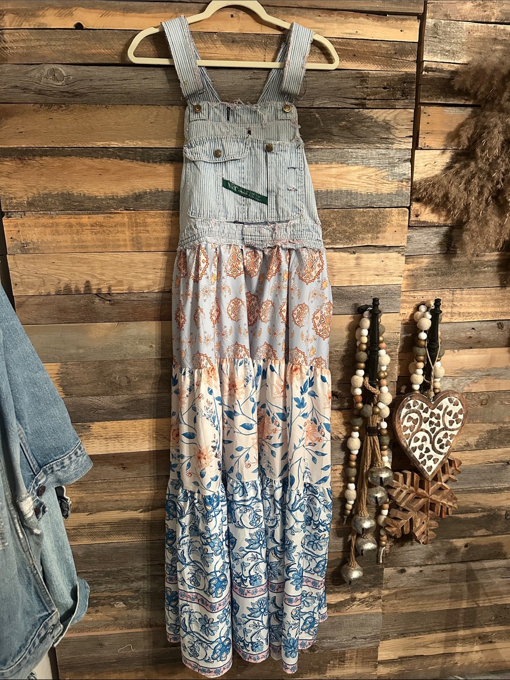 Striped Denim key , free people upcycle dress  Bib Floral Patchwork Maxi Skirt